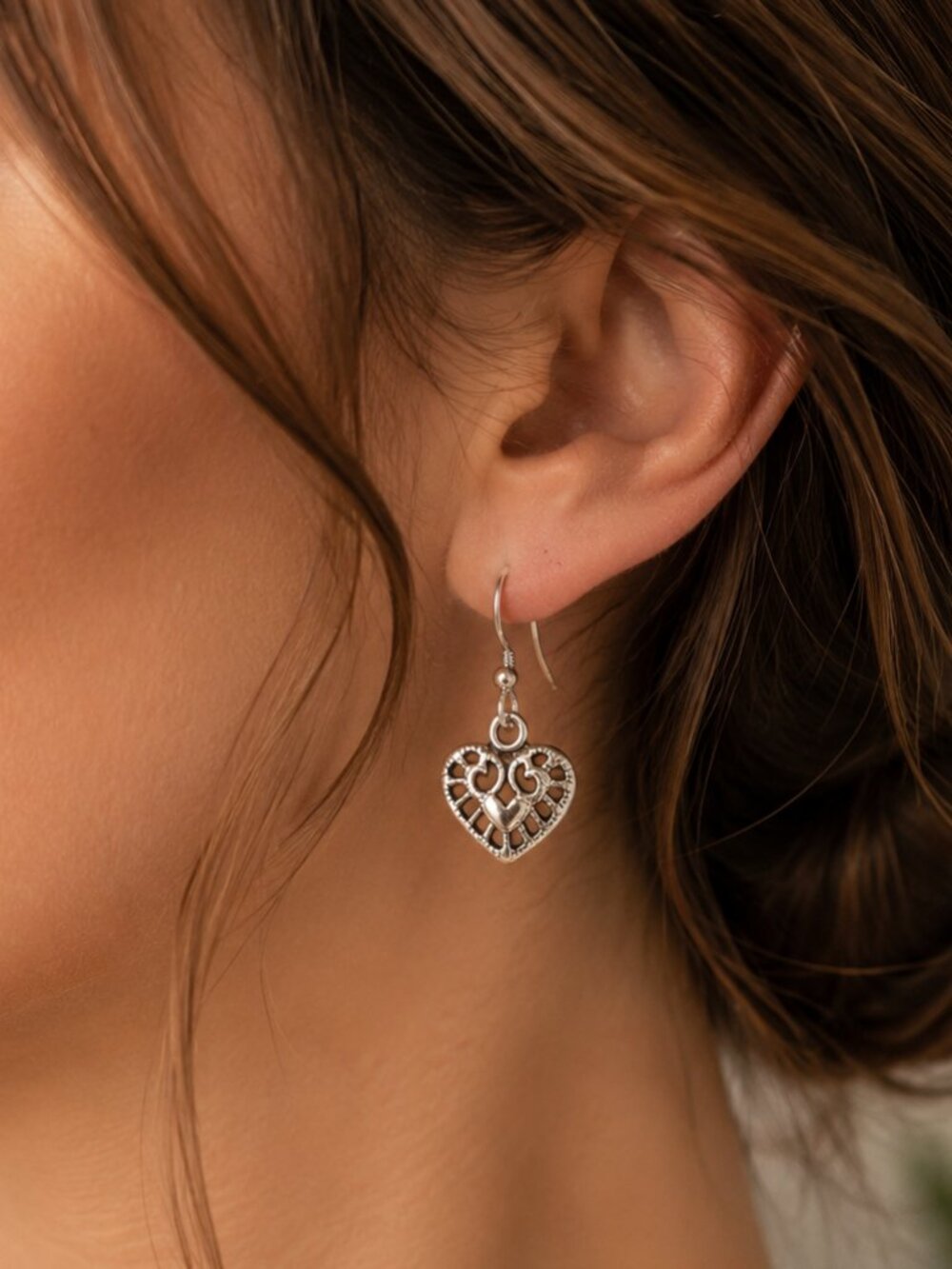 Antiqued Silver Filigree Heart Dangle Earrings Romantic Cottagecore